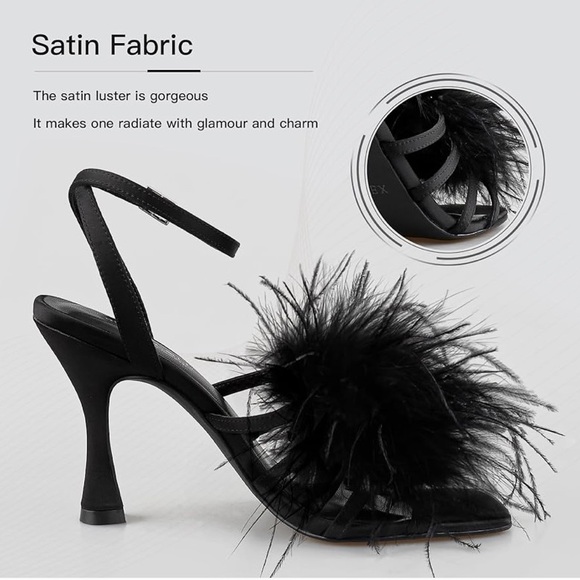 Size 9.5 Fluffy Feather Square Open Toe Ankle Strap Sexy Heel - Picture 3 of 8